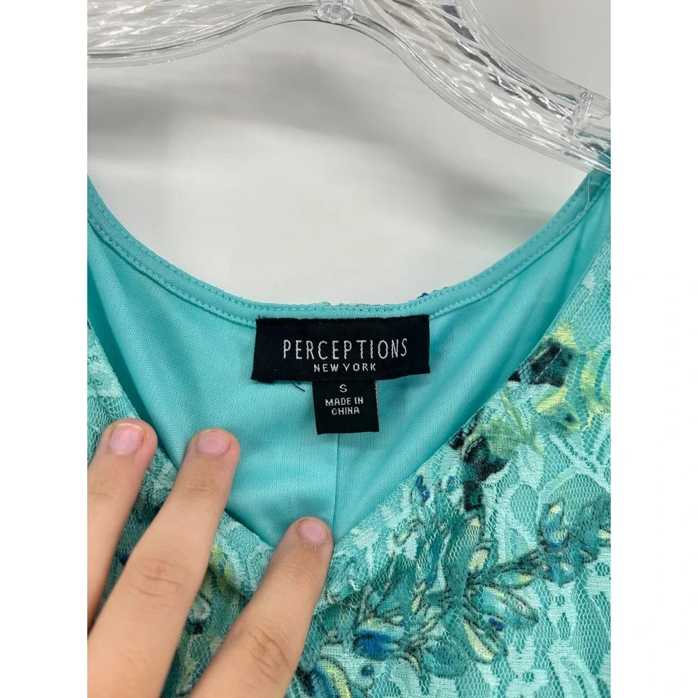 Perceptions New York Womens Teal Floral Lace Sleeveless A-Line Dress Small